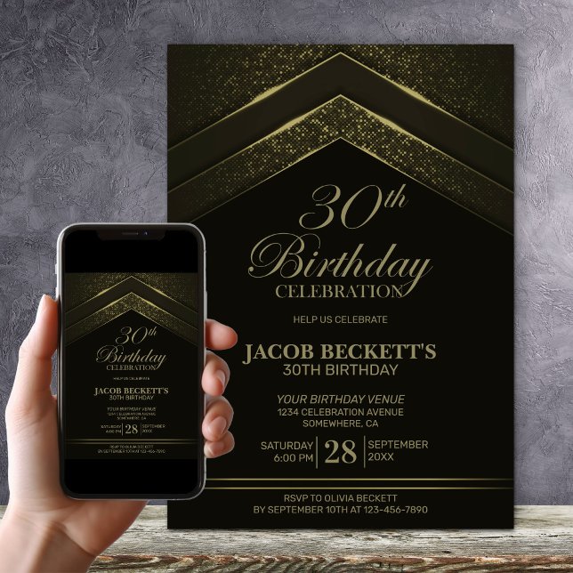 Invitación Fiesta de cumpleaños 30 moderno negro y dorado (Subido por el creador)