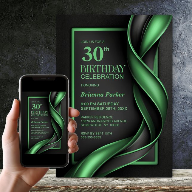 Invitación Fiesta de cumpleaños 30 moderno negro y verde (Subido por el creador)