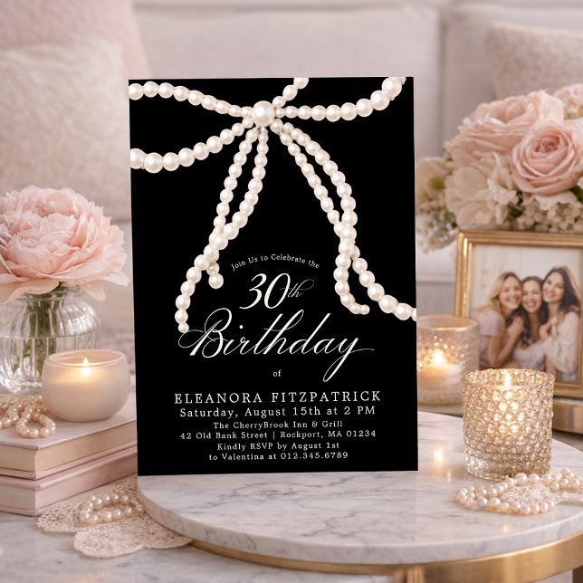 Invitación Fiesta de cumpleaños 30 negro blanco Coquette lazo (Subido por el creador)