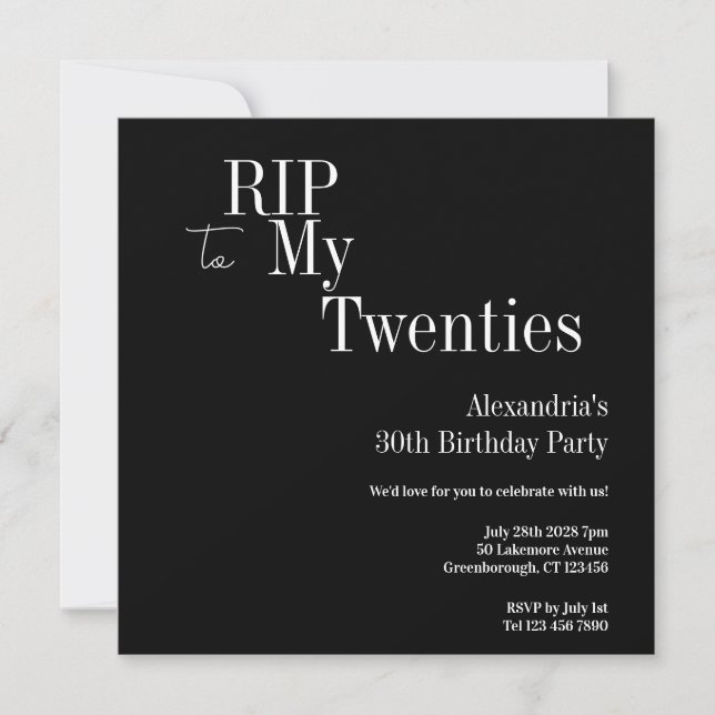 Invitación Fiesta de cumpleaños 30 negro y blanco RIP 20s (Anverso)