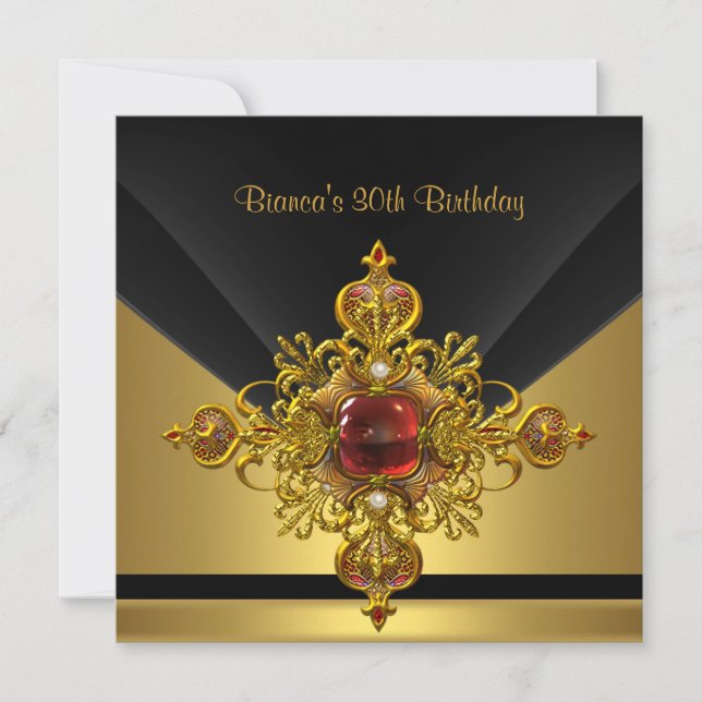 Invitación Fiesta de Cumpleaños 30 Ornate Joya de Oro Negro (Anverso)