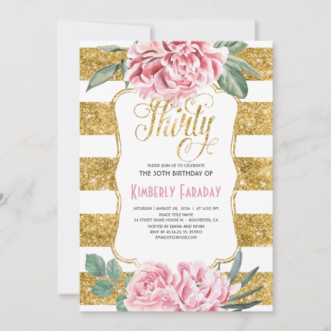 Invitación Fiesta de cumpleaños 30 - Oro floral - Glam (Anverso)