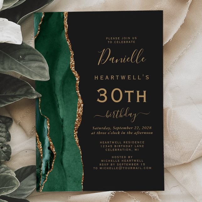 Invitación Fiesta de cumpleaños 30 oscuro con ágata dorada ve (Subido por el creador)