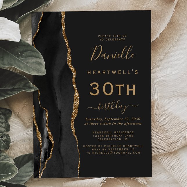 Invitación Fiesta de cumpleaños 30 oscuro de ágata de oro neg (Subido por el creador)