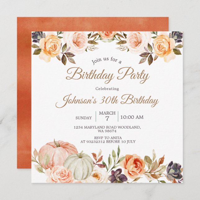 Invitación Fiesta de cumpleaños 30 otoño de calabaza Floral r (Anverso / Reverso)