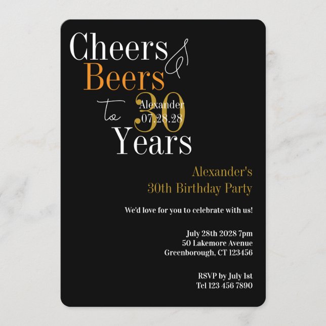 Invitación Fiesta de Cumpleaños 30 Personalizada con Cheers y (Anverso)