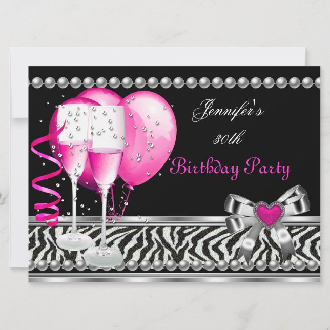Invitación Fiesta de cumpleaños 30 Pink cebra champagne negro (Anverso)