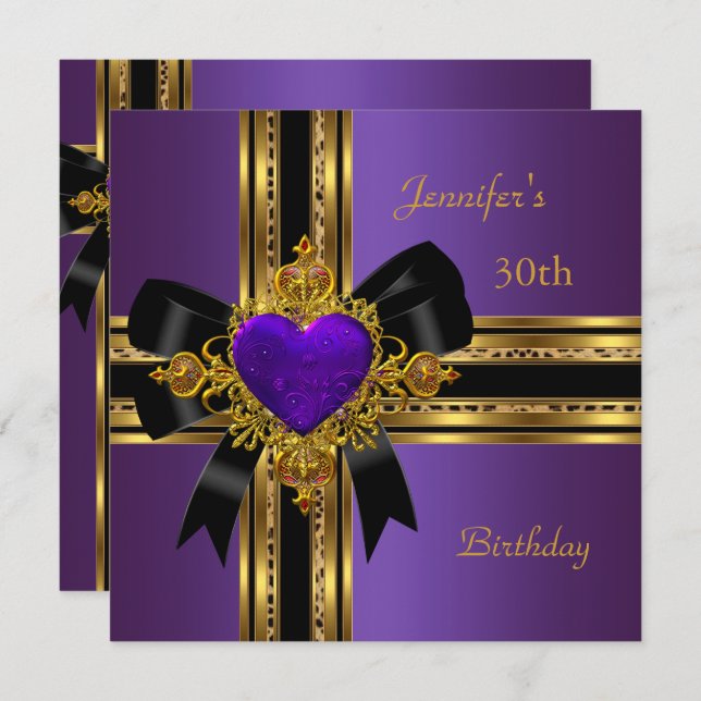 Invitación Fiesta de cumpleaños 30 Purple Gold Heart Jewel Ro (Anverso / Reverso)