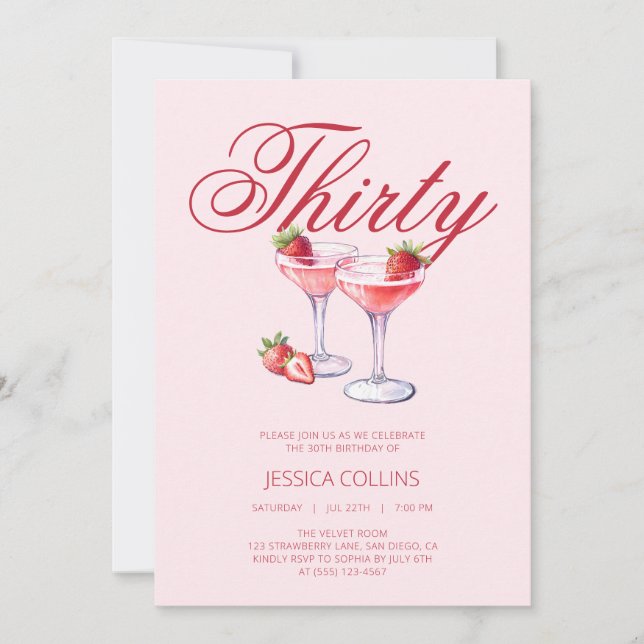 Invitación Fiesta de Cumpleaños 30 Red Thirty Cóctel de Fresa (Anverso)