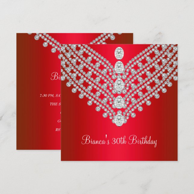 Invitación Fiesta de cumpleaños 30 Red White Diamond Jewel (Anverso / Reverso)