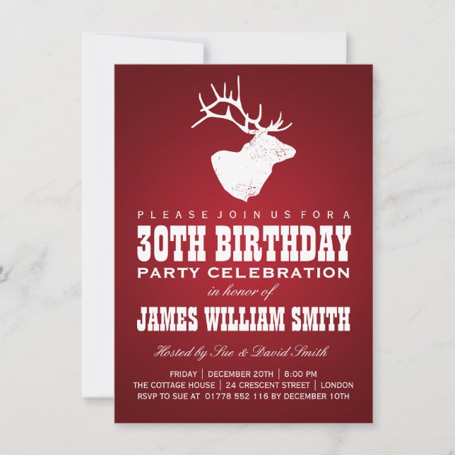Invitación Fiesta de cumpleaños 30, rojo ciervo (Anverso)