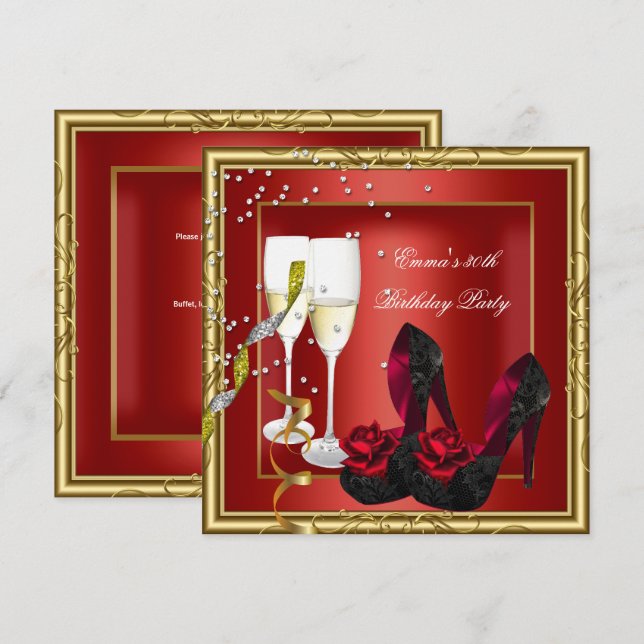 Invitación Fiesta de cumpleaños 30 rojo dorado negro (Anverso / Reverso)