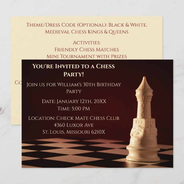 Invitación Fiesta de cumpleaños 30, rojo oscuro, ajedrez Rook (Anverso / Reverso)