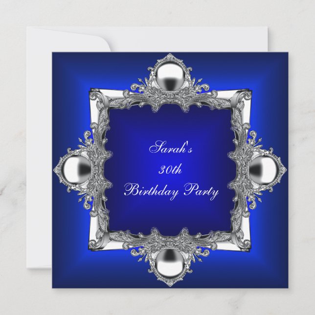 Invitación Fiesta de cumpleaños 30 Royal Blue Silver Chrome (Anverso)