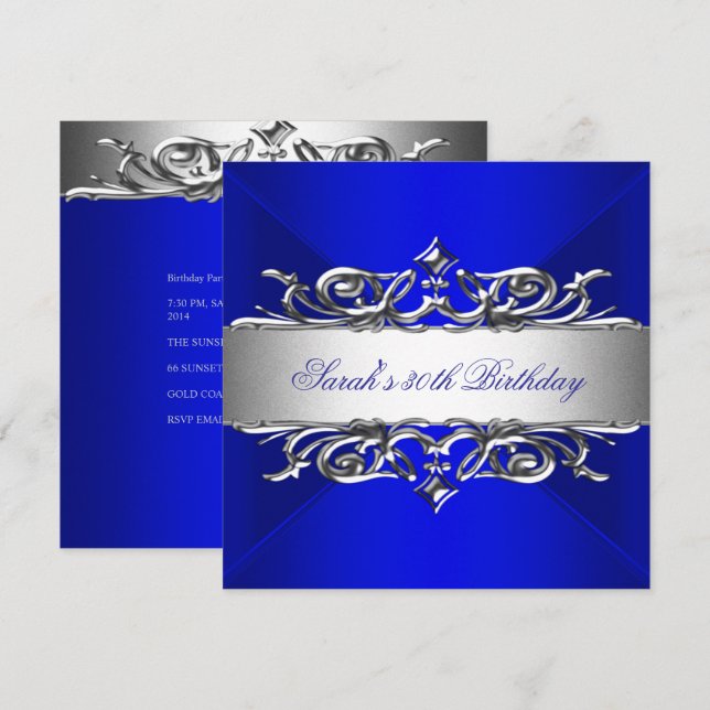Invitación Fiesta de Cumpleaños 30 Royal Blue Sobre Plata (Anverso / Reverso)