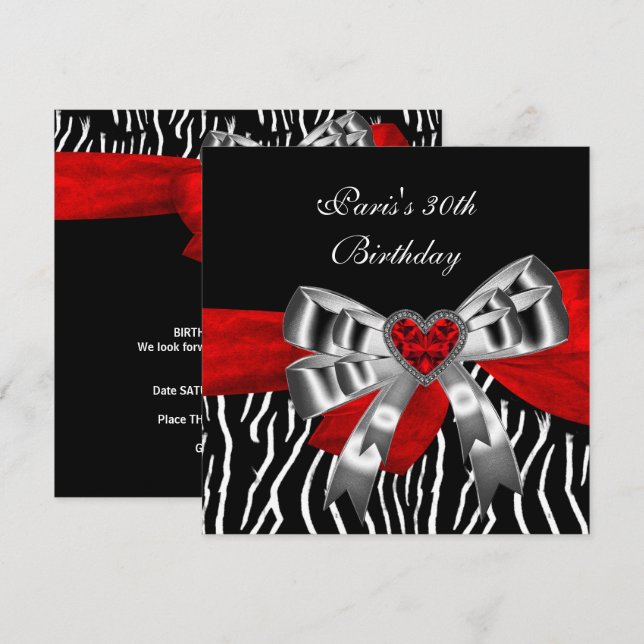 Invitación Fiesta de cumpleaños 30 Silver Red Black White Ceb (Anverso / Reverso)