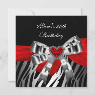 Invitación Fiesta de cumpleaños 30 Silver Red Black Zebra 2