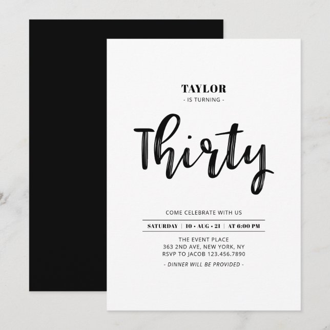 Invitación Fiesta de cumpleaños 30 simple en negro y blanco (Anverso / Reverso)