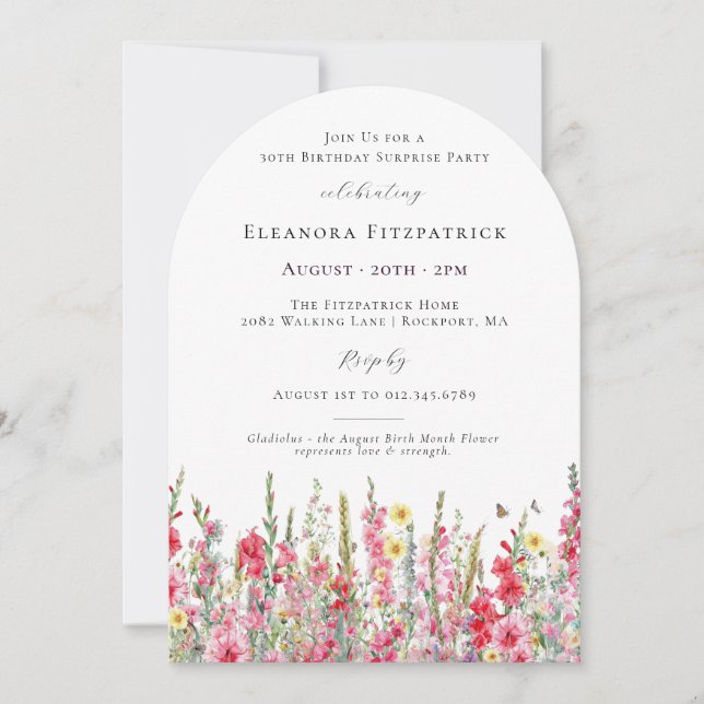Invitación FIESTA DE CUMPLEAÑOS 30 Sorpresa Flor de Nacimient (Anverso)