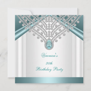 Invitación Fiesta de cumpleaños 30 Teal Azul Blanco Diamantes