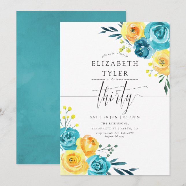 Invitación Fiesta de cumpleaños 30 Turquesa y Amarillo Floral (Anverso / Reverso)