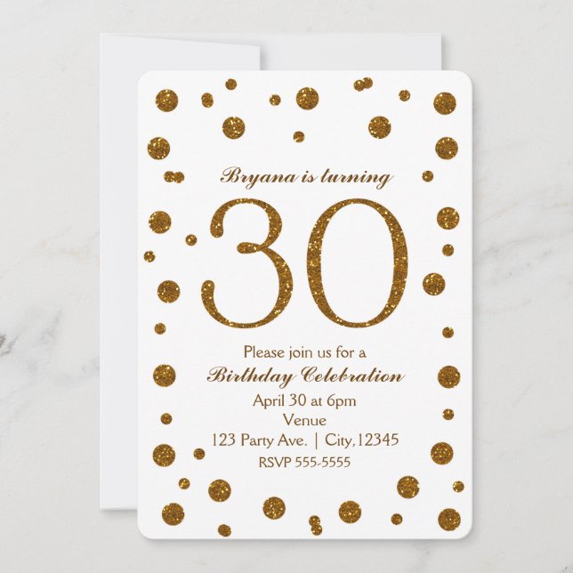 Invitación Fiesta de Cumpleaños 30 White & Gold Glitter Dots  (Anverso)