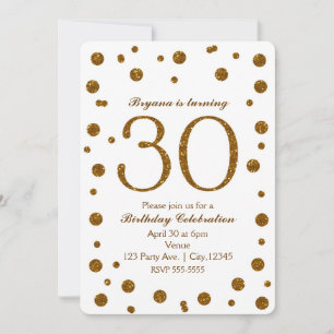 Invitación Fiesta de Cumpleaños 30 White & Gold Glitter Dots 