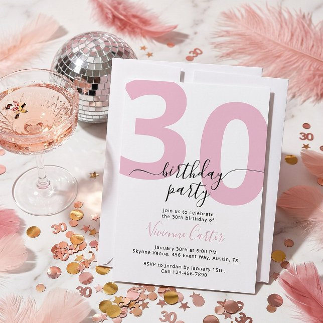 Invitación Fiesta de cumpleaños 30 White Pink Script (White Pink Script 30th Birthday Party Invitation)