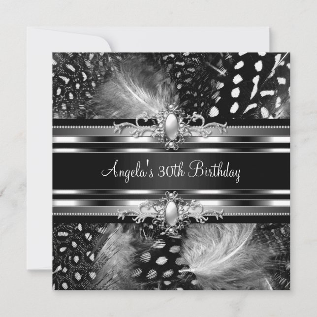 Invitación Fiesta de cumpleaños 30 Wild Feathers Plata Negro (Anverso)