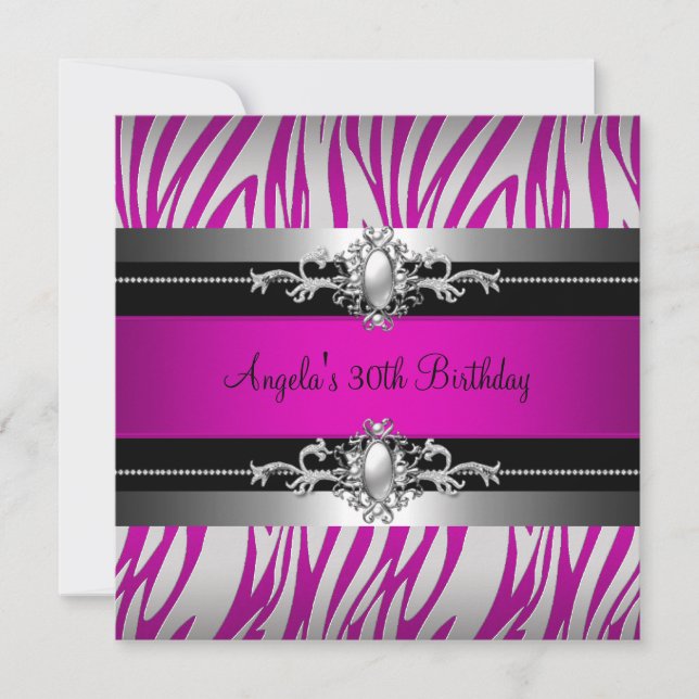 Invitación Fiesta de Cumpleaños 30 Zebra Rosa Fucsia Plateado (Anverso)