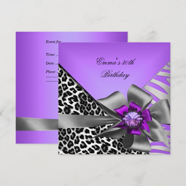 Invitación Fiesta de Cumpleaños 30th Cebra Leopardo Púrpura N (Anverso / Reverso)