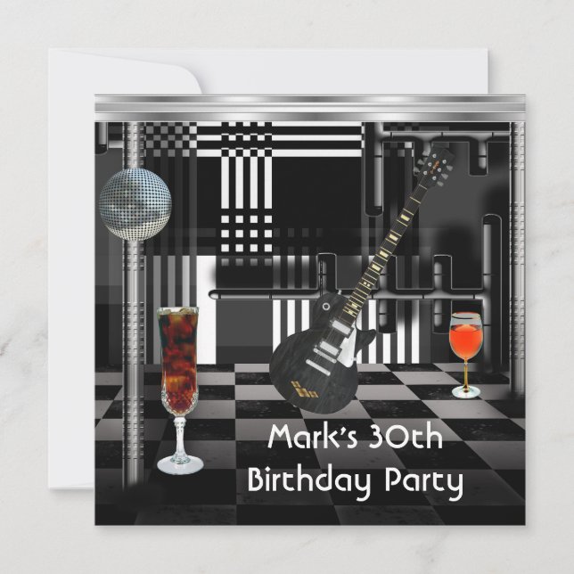 Invitación Fiesta de Cumpleaños 30th Hombres Guitarra Bebidas (Anverso)