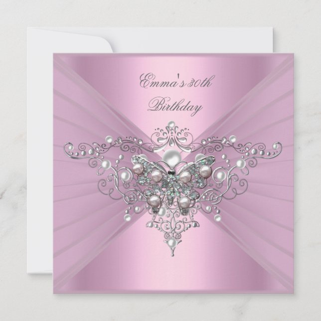 Invitación Fiesta de Cumpleaños 30th Rosa Perla Mariposa (Anverso)