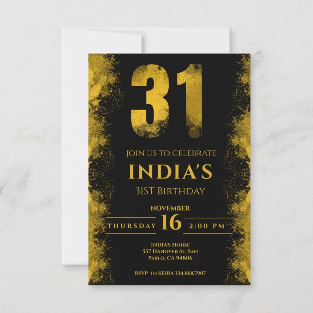 Invitación Fiesta de cumpleaños 31 de Black And Gold (Anverso)