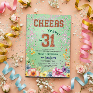 Invitación Fiesta de Cumpleaños 31 Floral Brillo Esmeralda Ro