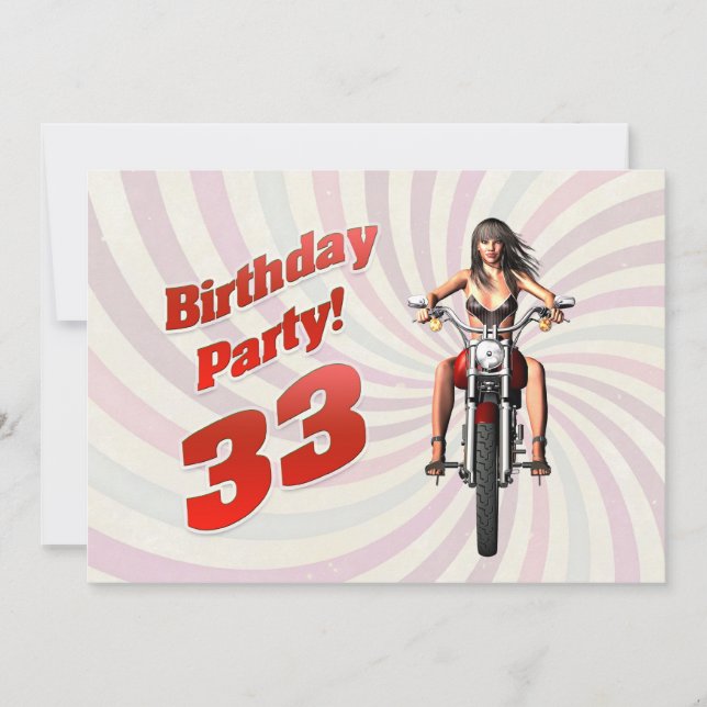 Invitación fiesta de cumpleaños 33 con un chica en moto (Anverso)