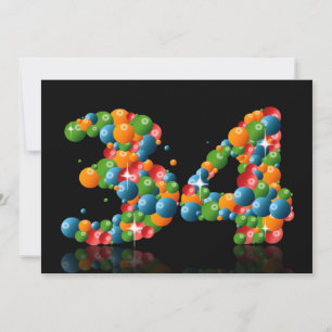 Invitación Fiesta de cumpleaños 34, con burbujas y pelotas