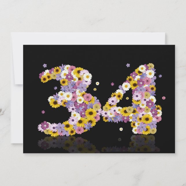 Invitación Fiesta de cumpleaños 34, con letras floridas (Anverso)
