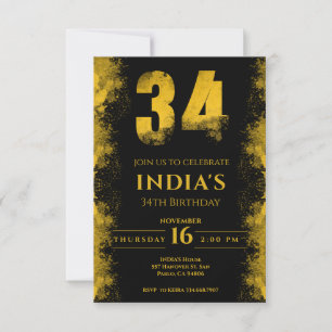 Invitación Fiesta de cumpleaños 34 de Black And Gold