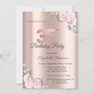 Invitación Fiesta de Cumpleaños 35 Chic Rosa Floral Rosa Dora