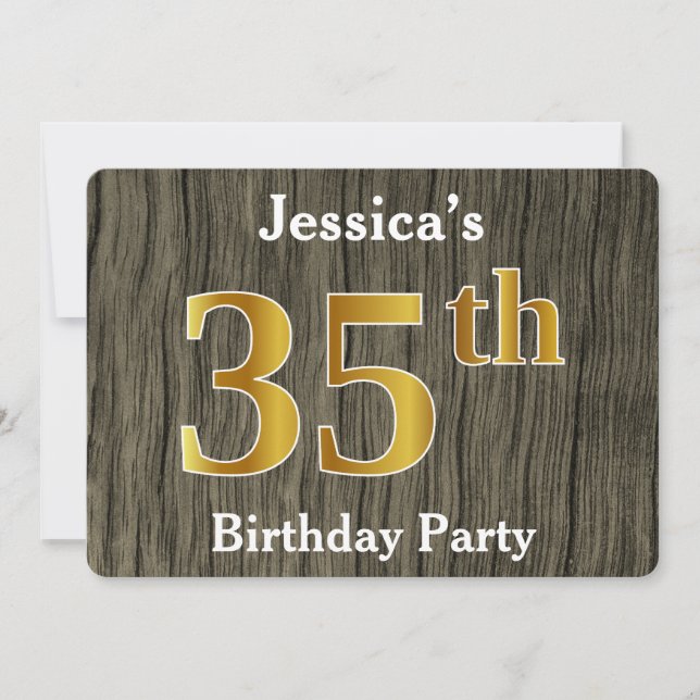 Invitación Fiesta de cumpleaños 35 de Rustic, Faux Gold; nomb (Anverso)