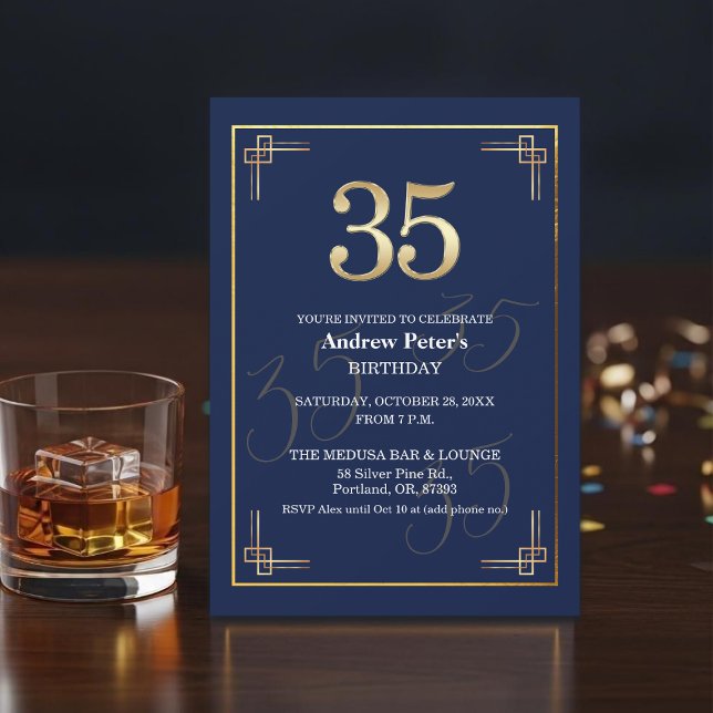 Invitación Fiesta de cumpleaños 35 elegante azul oro (Subido por el creador)