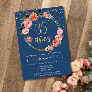 Invitación Fiesta de Cumpleaños 35 Elegante Floral Azul Españ