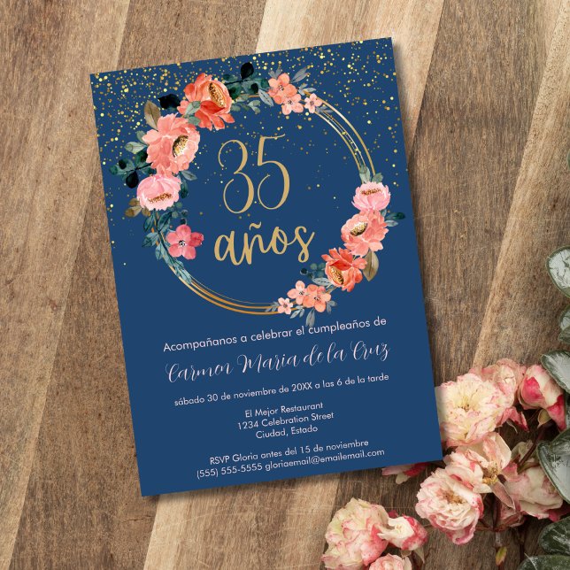 Invitación Fiesta de Cumpleaños 35 Elegante Floral Azul Españ (Subido por el creador)