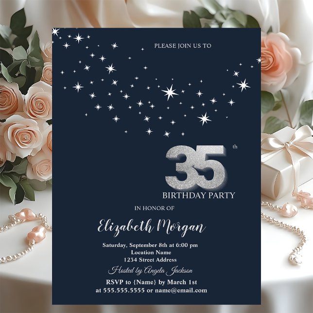 Invitación Fiesta de cumpleaños 35 Simple Estrellas Blancas A (Subido por el creador)