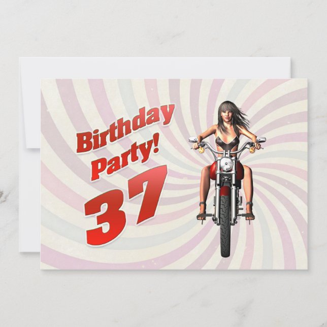 Invitación Fiesta de cumpleaños 37 con un chica en moto (Anverso)