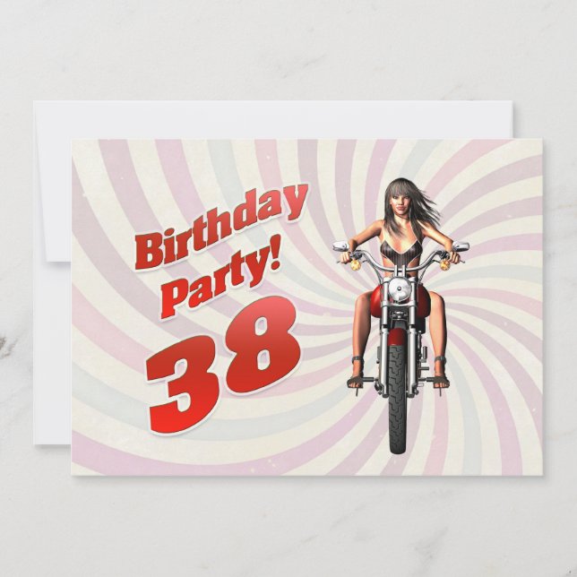 Invitación Fiesta de cumpleaños 38 con un chica en moto (Anverso)