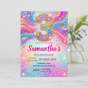 Invitación Fiesta de cumpleaños 3 años con brillo de arcoíris