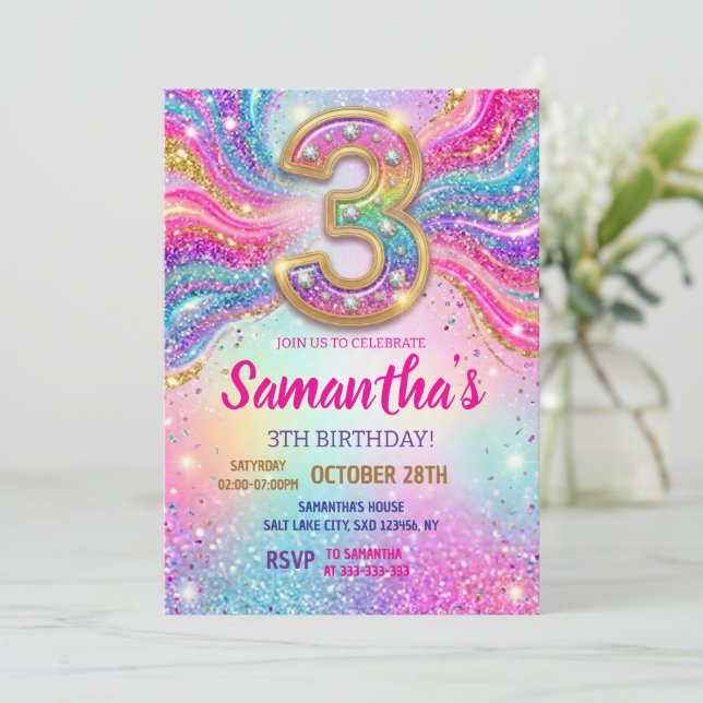 Invitación Fiesta de cumpleaños 3 años con brillo de arcoíris (Anverso de pie)