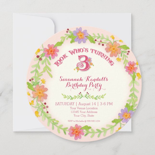 Invitación Fiesta de cumpleaños 3 años del chica, acuarela (Anverso)